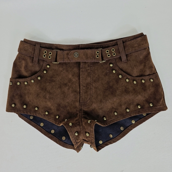 We The Free People The Cool Kid Vegan Suede Micro Shorts Brown Studded Sz 2 NWT - Picture 1 of 9